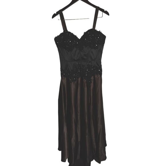 Jovani Embellished Lace Brown Satin Black Beaded Prom Evening Gown 12 Pageant - Picture 4 of 16